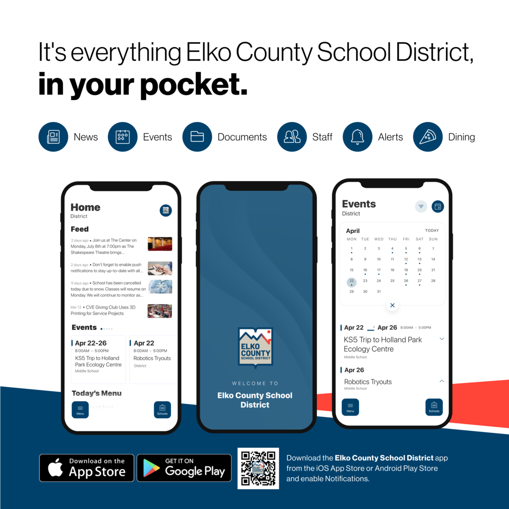 Introducing the new ECSD mobile app. It's everything Elko County School District in your pocket! Download our app on the iOS App Store or Android Play Store and enable notifications.
